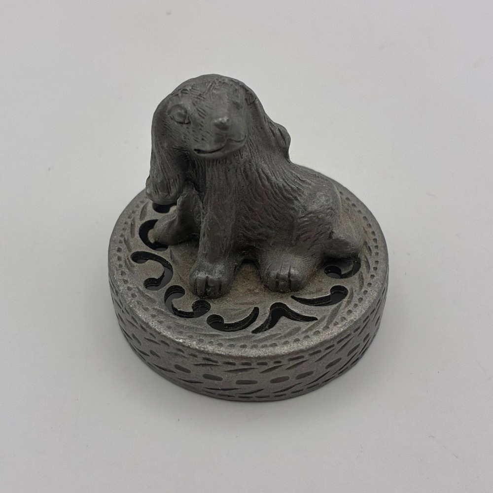 Vintage Pewter Dog Figurine Miniature Spaniel Puppy Filigree Base 1.5 Inch